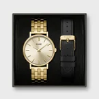 Gift Box Pavane Petite 2.0 Watch Steel, Gold Colour & Black Leather Strap