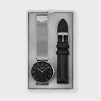 Gift Box Boho Chic Watch Mesh, Silver Colour & Black Leather Strap