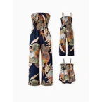 Combinaisons assorties à imprimé floral tropical pour maman et moi, bleu foncé, avec haut froncé et bretelles larges