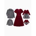 Ensembles familiaux assortis Sweat-shirt à manches longues à carreaux noir et blanc ou robe ceinturée à manches courtes en velours bordeaux