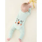 Grenouillère à pieds en bambou pour bébé garçon/fille, motif animal enfantin, fermeture éclair double sens, verte